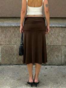 Brown Pleated Waist Fishtail Hem Low Waist Midi Skirt, Slim Fit Bodycon Skirt, Casual Commute - Coffee Brown - View 5