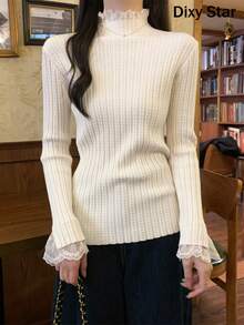 Autumn/Winter Korean Style Elegant Gentle Semi-High Neck Lace 2 In 1 Layering Knit Sweater Tops - White - View 4