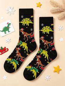 1 Pair Of Men Crew Sock, Christmas Dinosaur Sleigh Snowflake Pattern Socks, Soft Warm Fall Winter, Halloween Christmas Gift For Men For Woemn - Multicolor - View 1