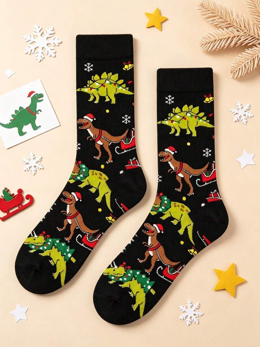 1 Pair Of Men Crew Sock, Christmas Dinosaur Sleigh Snowflake Pattern Socks, Soft Warm Fall Winter, Halloween Christmas Gift For Men For Woemn - Multicolor - View 1