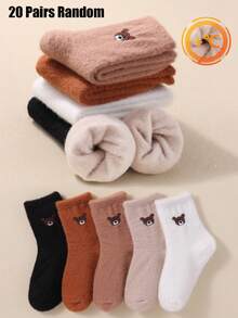 20/10/5 Pairs Children's Short Socks, Bear Pattern, Terry Socks, Brown Color Palette, Kids Fall Socks, Warm Mid-Calf Socks, Halloween Costume For Girl - Multicolor - View 20