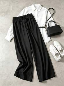 Women's Wide Leg Pants, High Waist Drawstring Elastic Waist Loose Pleated Wide Leg Pants, Casual Flowy Summer Long Pants - Black - View 10