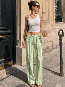 Striped Pants Jeans For Women Low Rise Straight Leg Jeans Colorful Low Waisted Denim Trousers Rainbow Cowboy Fall Street Bottoms - Green - View 2