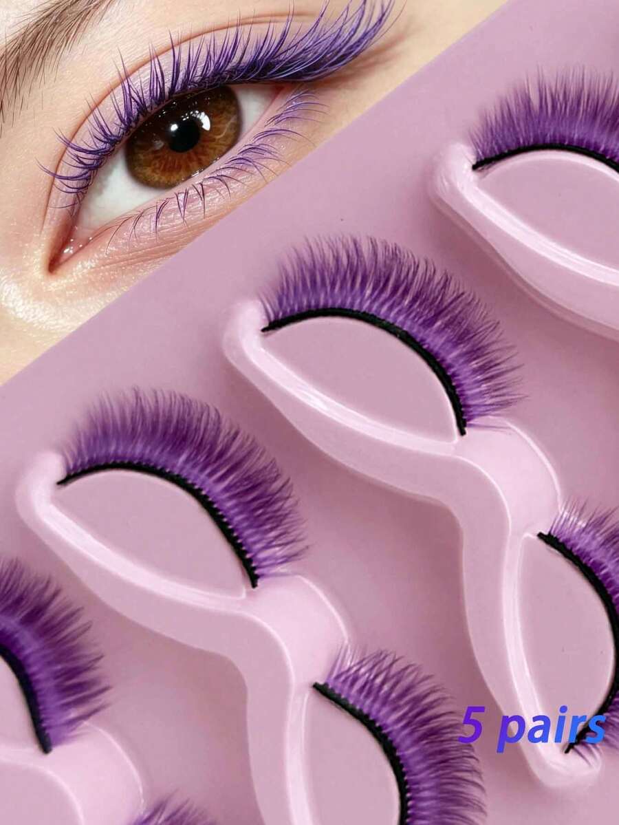 Blue Purple Colored False Eyelashes, Fluffy Wispy 5 Pairs Colorful Mink Lashes, Dramatic Volume Eye Lashes For Cosplay Party Makeup - Deep Purple - View 1
