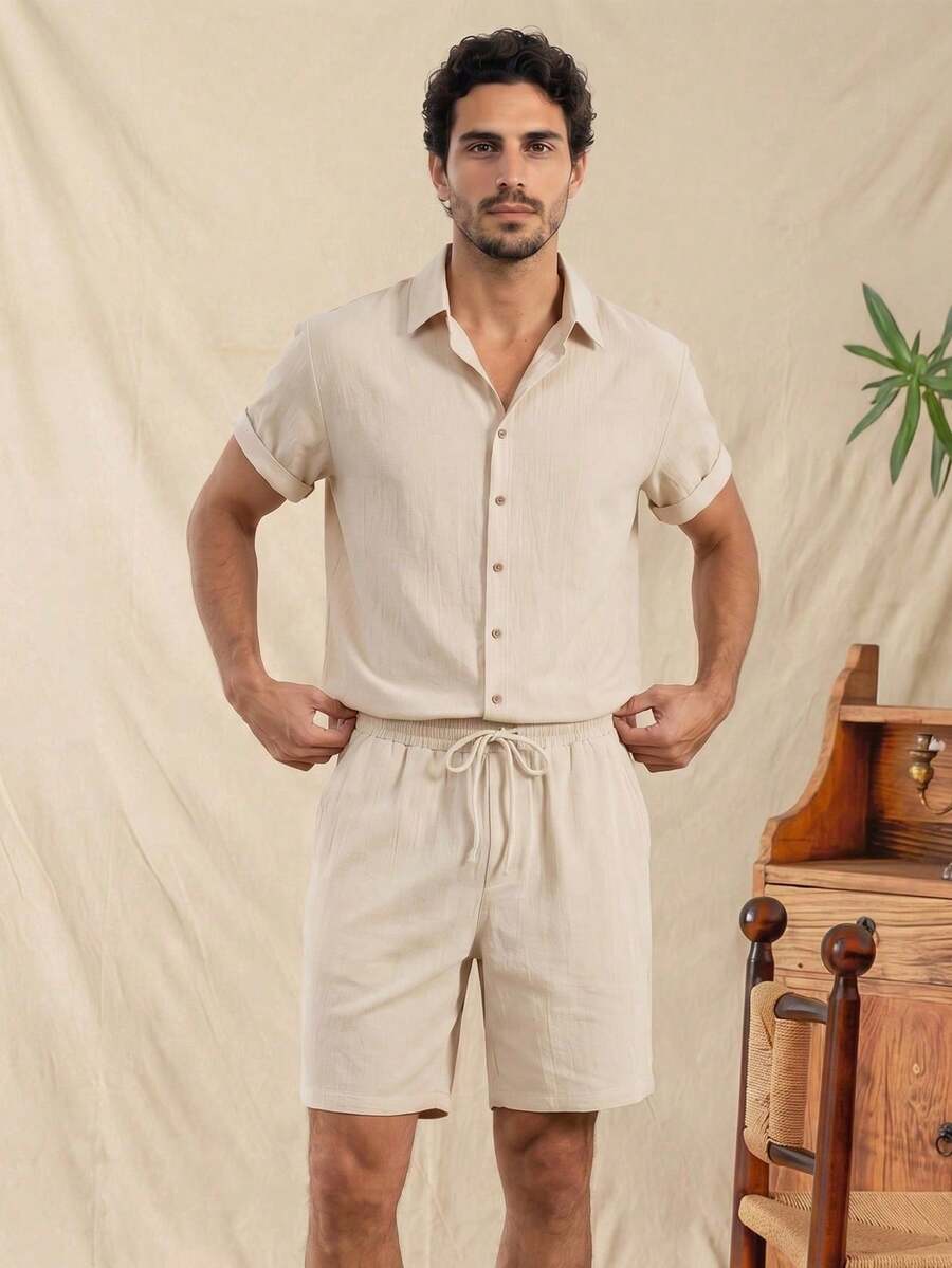 glestore Men's Retro-Inspired Casual "Old Money" Shirt Set, Crafted From Textured Fabric-A Stylish Vacation Outfit And A Versatile Wardrobe Staple - Beige - View 1