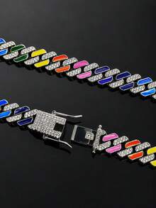 Rainbow Oil Drop Rhinestone Cuban Necklace, Colorful Enamel Chunky Chain Choker, Hip Hop Street Style Accessory, Versatile Personalized Jewelry For Music Festivals And Parties, Unisex - Colorful Chain - View 4