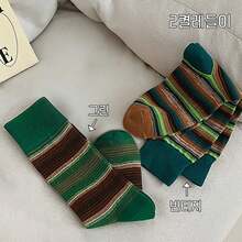 Guokr Store 여성 빈티지 스트라이프 중목양말 캐주얼 패션 2켤레 세트 사이즈 23-25cm - 그린+빈티지 - 보기 2