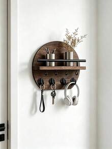 1pc Round Wooden Wall-Mounted Key Rack With Shelf, 4 Metal Hooks Entryway Storage Organizer, Modern Hanging Key Bag Small Items Holder, Hallway Bedroom Apartment Home Decor, Housewarming Gift - Multicolor - View 14