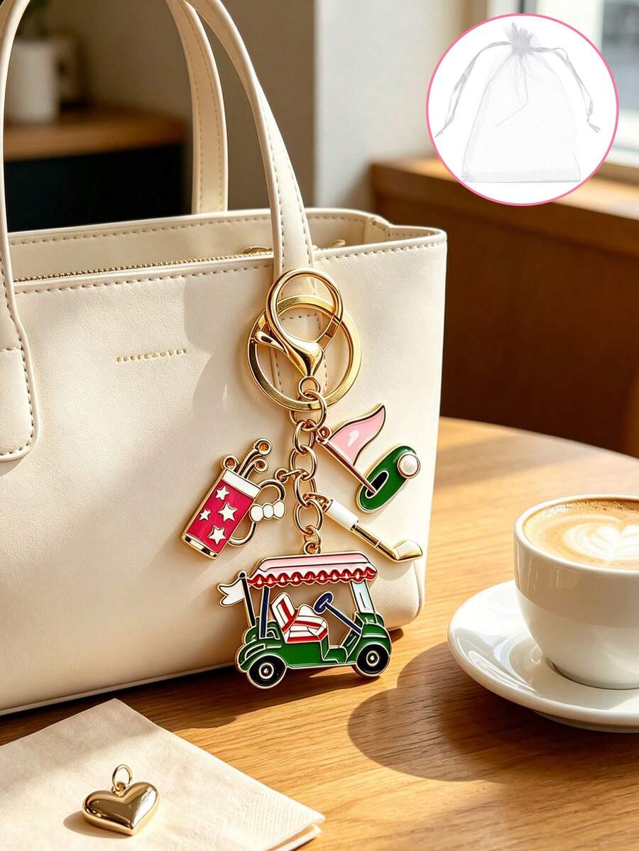 Golf Cart Keychain, Unisex Pearl Golf Sports Bag Charm, Car & Backpack Accessory, Birthday Holiday Christmas Gift For Golf Enthusiasts - Multicolor - View 1