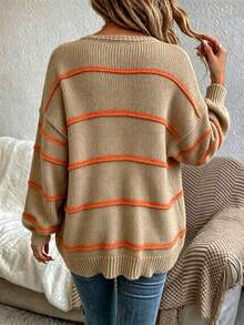 Plus Size Women's Colorblock Striped Knit Cardigan, Round Neck Button-Up Loose Chunky Knit Sweater - Khaki - View 9