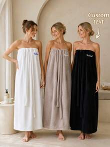 1PC Long Strapless Terry Towel Bath Wrap Dress With Custom Embroidery,Customizable Text Detail And Adjustable Tie Closure,4 Size Choices For Indoor Home Space, Home Essential For Bathroom And Bedroom,Nice Holiday Gift Option For Household Family - Multicolor - View 2