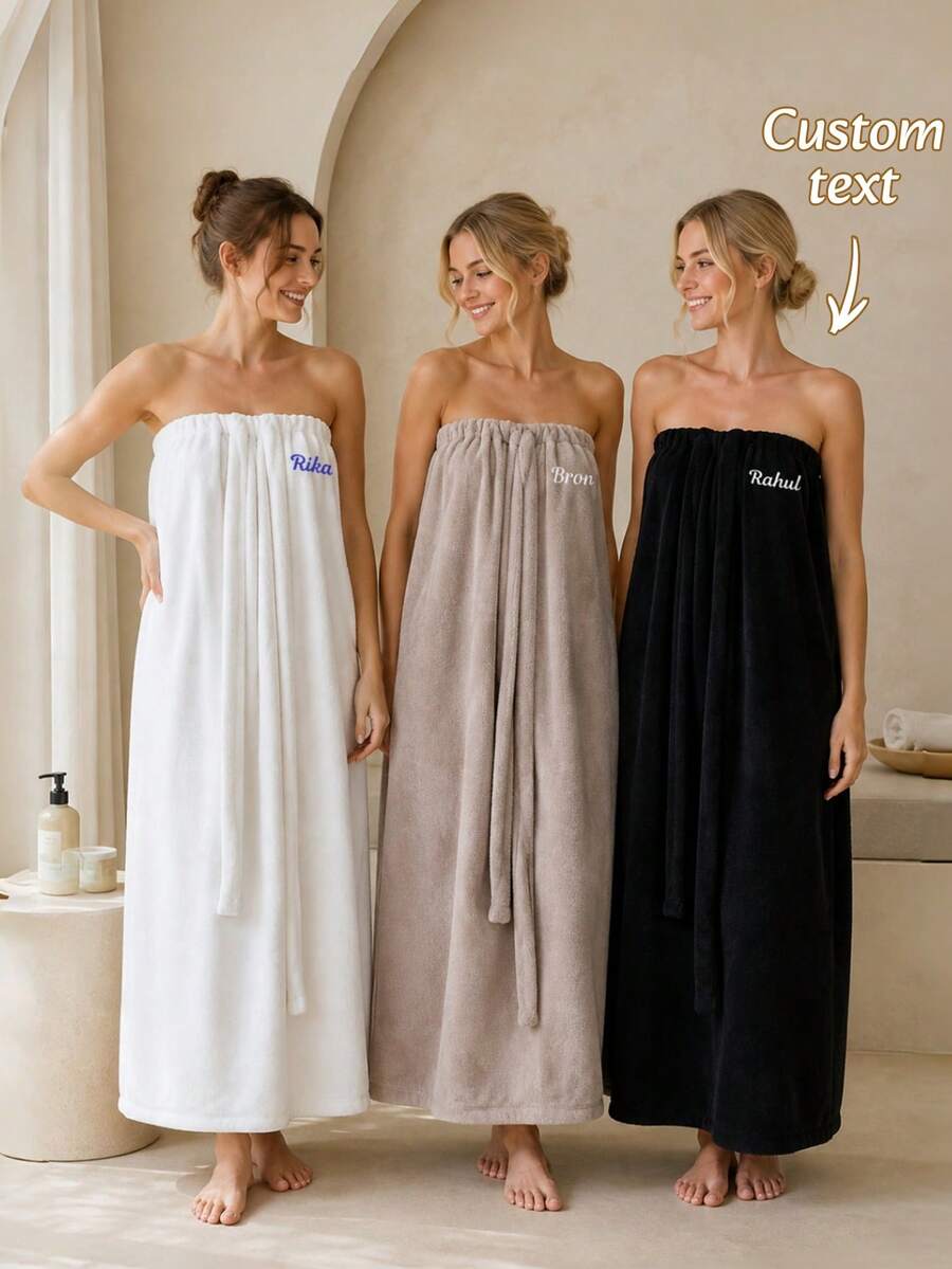 1PC Long Strapless Terry Towel Bath Wrap Dress With Custom Embroidery,Customizable Text Detail And Adjustable Tie Closure,4 Size Choices For Indoor Home Space, Home Essential For Bathroom And Bedroom,Nice Holiday Gift Option For Household Family