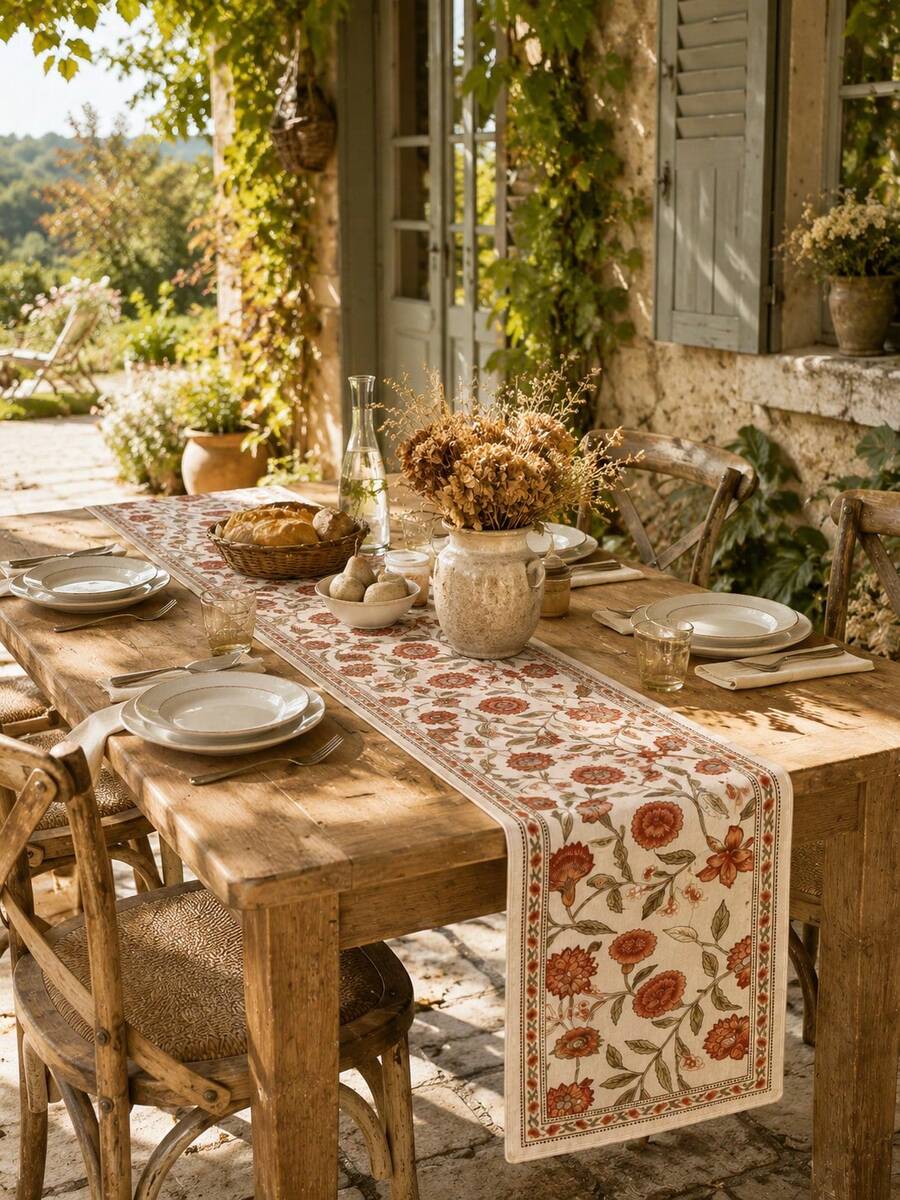1pc-Autumn Pumpkin Table Runner, Vintage Farmhouse Linen Fall Table Runner, Decorative Table Runner For Thanksgiving Harvest Dinner Party Indoor Outdoor Dining Table Decor - Multicolor - View 1