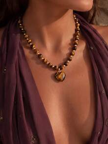 1pc Vintage Fashion Maillard Color Heart Pendant Tiger Eye Stone Beaded Necklace, Best Autumn/Winter Accessory Necklace, Perfect Gift - Multicolor - View 2