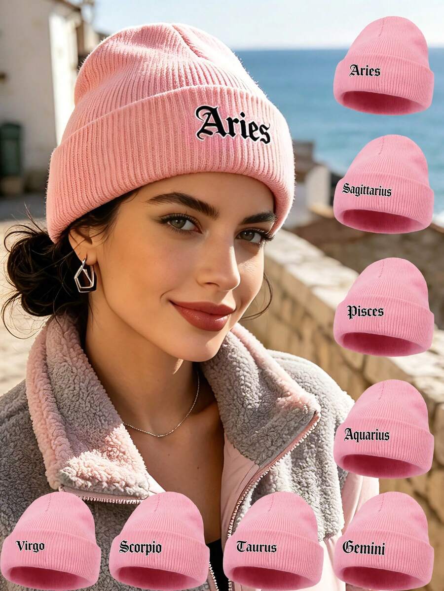 Women Soft Ribbed Knit Cuffed Beanie Hat, Zodiac Constellation Letter Print Winter Warm Beanie, Horoscope Accessory & Birthday Gift For Ladies - Pink - View 1