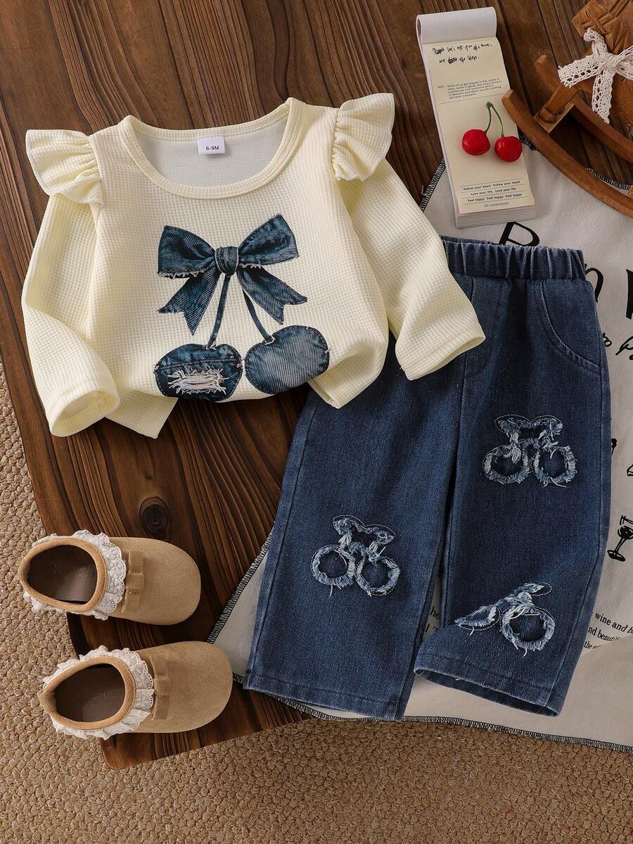 Baby Girl Spring/Autumn Casual 2-Piece Set, Waffle Knit Flutter Sleeve Long Sleeve Denim Cherry Bow Print Top + Dark Denim Frayed Hem Cherry Patchwork Straight Leg Pants - Apricot - View 1