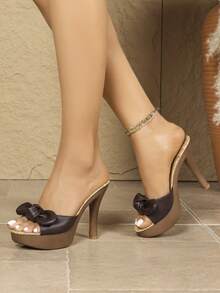 Women Brown Bow Decor Platform Stiletto Heel Mule Sandals, Open Toe Backless Slip‑On Heeled Slides For Summer Daily Dating Night Club Evening Party - Coffee Brown - View 8