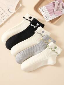 5 pares de calcetines cortos/calcetines de tobillo para mujer con lindo patrón de corazón bordado, suaves y transpirables con ribete de volantes, adecuados para todas las estaciones, colores aleatorios - Multicolor - Ver 6