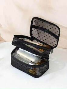 1pc Mesh Makeup Bag Double Layer Heart Pattern Large Capacity Storage Bag Fashion Toiletry Cosmetic Bag - Black - View 1