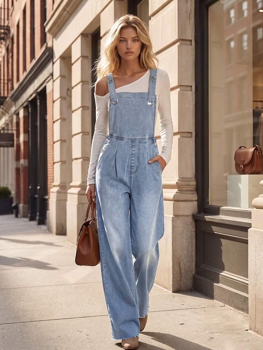 Sweet Commuter Overalls American Vintage 2026 Autumn/Winter Style Youthful Lazy Casual Collegiate Daily Versatile Light Blue Double Adjustable Straps Washed Denim Overalls Casual Minimalist High Waist Denim Jumpsuit - Light Blue - View 1