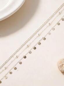 1 Buah Kalung Rantai 3 Lapis dengan Liontin Cakram Gantung Gaya Boho untuk Pemakaian Sehari-hari - Perak - View 3