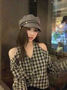 Blus Pelindung Matahari Lengan Panjang Model Dewasa dengan Kerah V dan Tali Depan, Motif Kotak-kotak, Gaya Dewasa - Coklat - View 3