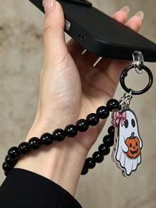 Halloween Black Cat & Pumpkin Phone Charm Strap, Cute Spooky Ghost Beaded Phone Lanyard, Gothic Black Wristlet - Multicolor - View 4