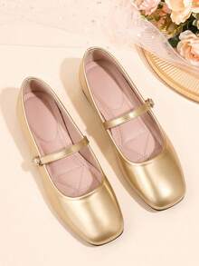 HFSHUNXY Flatjoy 2026 優雅秋冬女款金色方頭瑪麗珍平底鞋，通勤百搭，優雅時尚，休閒極簡，適合購物、約會、派對、宴會、情人節，單條扣帶 - 金色 - 查看 2