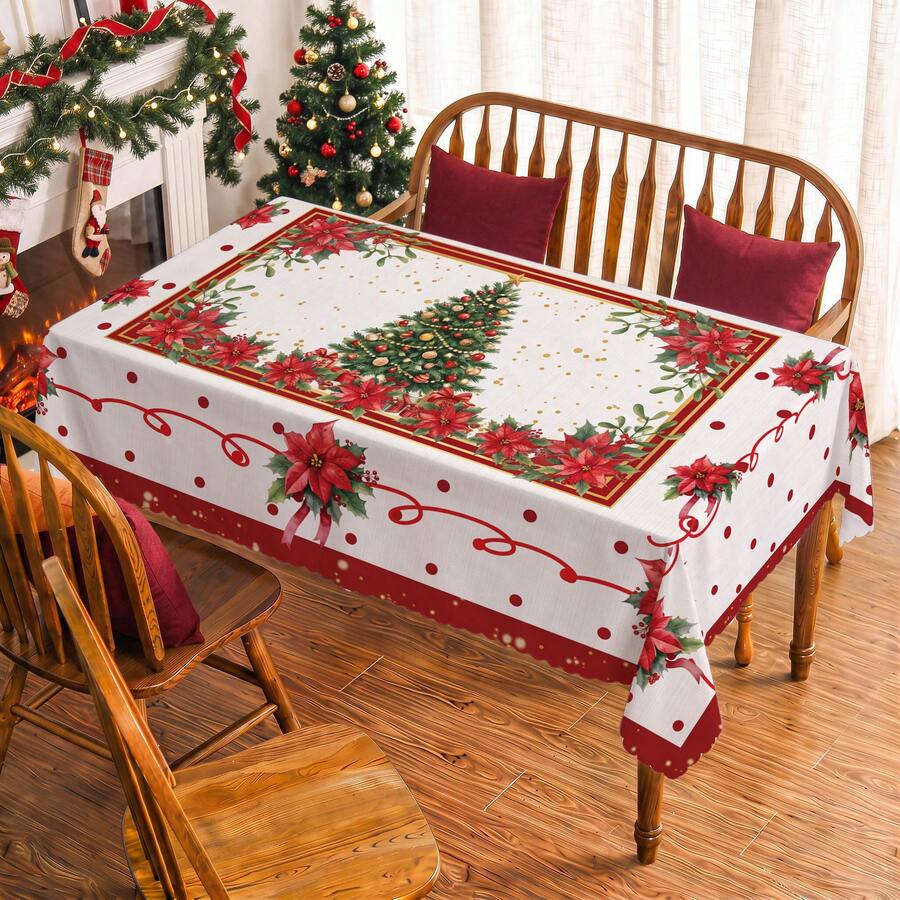 1pc Christmas Tree Holly Leaf Poinsettia Print Rectangular Tablecloth, Suitable For Holiday, Party, Birthday, Dinner, Restaurant Table Decoration, Christmas Home Autumn/Winter Decor - Multicolor - View 1