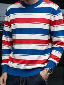Men's Mercerized Striped Loose Drop Shoulder Crew Neck Long Sleeve Sweater - Blue - View 5