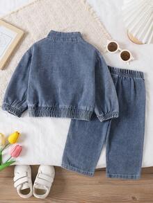 2pcs/Set Baby Girl Casual Style Elastic Cuff Bow Decor Pullover Top And Casual Long Pants, Autumn - Blue - View 2