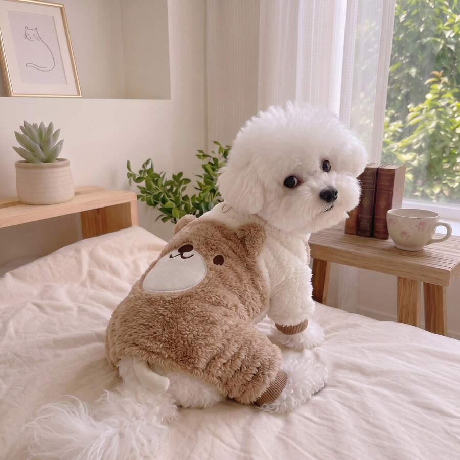 Setelan Hewan Peliharaan 2 Potong Berbahan Plush dengan Motif Hewan Lucu dan Telinga 3D, Pakaian Tebal dan Hangat untuk Anjing Kecil hingga Sedang di Musim Gugur/Dingin - Coklat - View 1
