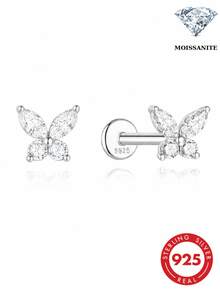 AnlaScheer 1pc Moissanite 925 Sterling Silver Marquise Leaf Flat Back Helix Cartilage Piercing Stud, Women's Engagement Wedding Bridal Jewelry - Silver - View 8