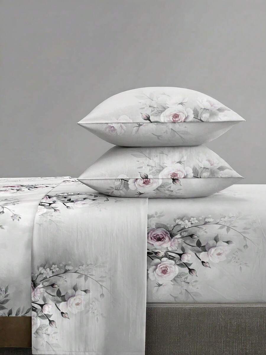 4-Piece Gray Peach Pattern Bedding Set, Easy-Care Soft Bedding Set, Fitted Sheet Set (1 Flat Sheet + 1 Fitted Sheet + 2 Pillowcases), Suitable For King, Queen, Full, Twin Sizes, Deep Pocket Fitted Sheet Design, Pillowcases Up To 11.8 Inches, Soft And Breathable, Wrinkle-Resistant - Grey - View 1
