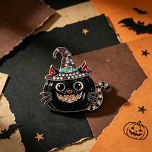 1pc Halloween Pumpkin Cat Brooch With Drip Oil And Rhinestones, Witch Hat Holiday Party Coat Suit Decoration Pin Corsage Gift - Multicolor - View 8