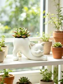 Unique Tail-Less Cat Planter, Cute Indoor Succulent Pot, Animal Theme Home Decor Planter, Creative Bonsai Pot - Ideal Gift; Charming Decoration For Office Desk, Room And Home - Multicolor - View 2