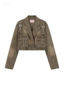 CHUU Tie-Dye Distressed Long Sleeve Blazer Women Spring Autumn Strap Pocket Utility Jacket Short Coat - Coffee Brown - View 7