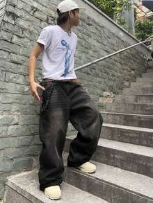 Impala Jeans Baggy para Hombre, Pantalón de Mezclilla de Ajuste Holgado, Diseño Desgastado Vintage, Pierna Ancha, Estilo Y2K Calle, Casual para Uso Diario, Moda Urbana Juvenil - Negro - Ver 7