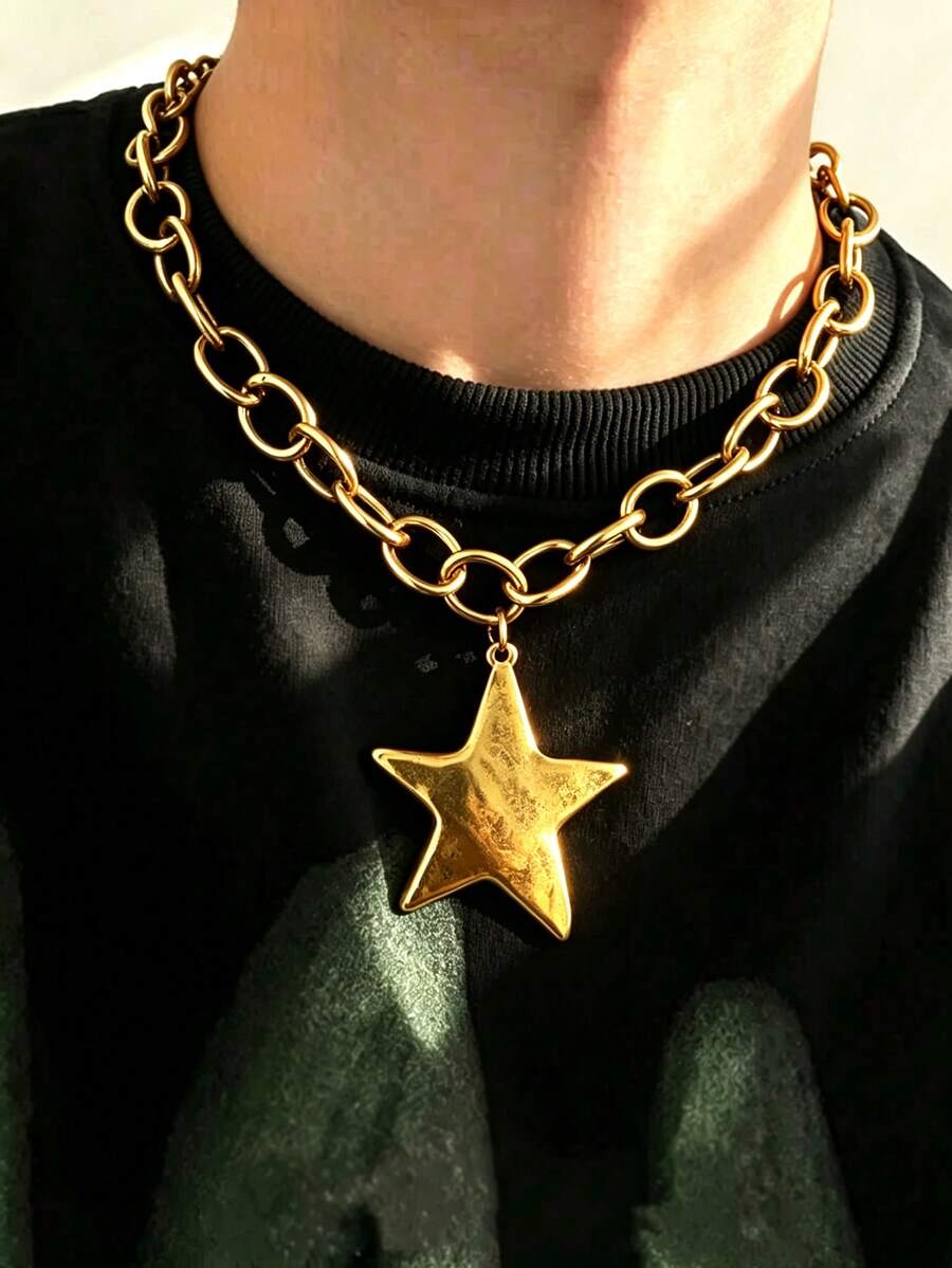 1pc Hip Hop Punk Style Fashion Personalized Men's Star Pendant Necklace, Suitable For Daily Wear, Vacation, Dating, Party And Gathering - Yellow Gold - View 1