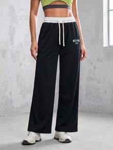 Knot & Curve Women's Long Pants Spring/Autumn Colorblock Waistband Letter Embroidery Sweatpants Drawstring Elastic Waist Retro Straight Leg Loose Sports Pants - Black - View 3