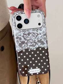 1PC Ins Autumn Maillard Vintage Brown Polka Dot Lace IMD Full Coverage Anti-Drop PC Phone Case Compatible With Apple 11 Pro Max/12 Pro Max/13 Pro Max/14 Pro Max/15 Pro Max/16 Pro Max/17 Pro Max/18 Pro Max - Multicolor - View 5