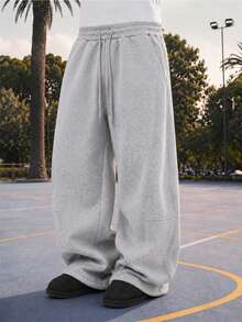 2pcs Street Style Y2K Patchwork Water-Resistant Pants Men High Waist Loose Drawstring Wide Leg Gray-Black Sweatpants Joggers Autumn - Multicolor - View 5