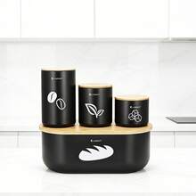 4-Piece Metal Bread Box Set With Bamboo Cutting Board Lid & 3 Kitchen Storage Canisters, Black - Black - View 5