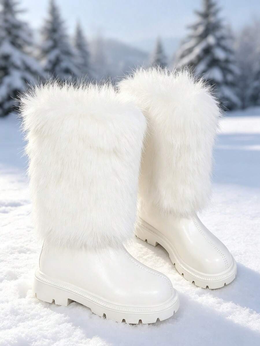 1雙白色人造毛女孩高筒雪地靴，純色PU材質，圓頭，彈性軟底，後拉鍊設計，時尚公主風保暖內裡長靴，適合日常戶外穿著，秋冬新品
