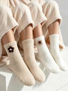 1/3 Pairs Women Warm Fuzzy Crew Socks, Cute 3D Flower Decor Cozy Fluffy Plush Socks, Soft Winter Home Sleeping Slipper Socks - Multicolor - View 2