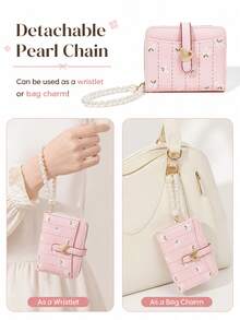 Floral PU Leather Short Wallet, Heart Buckle Card Holder With Pearl Shoulder Strap, Cute Coin Purse With Card Slots - Multicolor - View 6