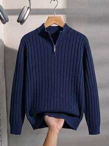 Boys' College Style Solid Color Striped Stand Collar Sweater Long Sleeve Knit Pullover, Suitable For School Daily Casual Wear In Spring, Autumn And Winter - Navy Blue - View 2