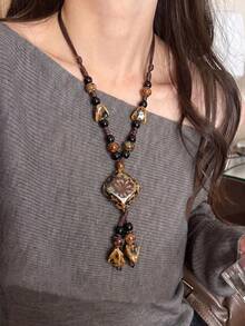 1pc Vintage Kiln-Fired Ceramic Brown Stone Glaze Bead Rope Long Necklace Sweater Chain, Suitable For Women's Daily Wear, Dating, Christmas, Valentine's Day Gift - Multicolor - View 2
