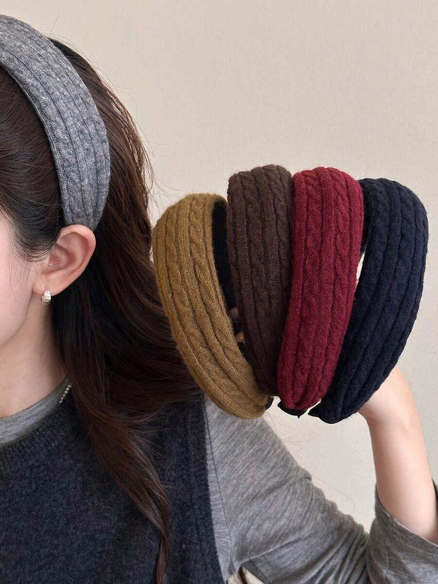 1PC Women's Solid Color Autumn/Winter Knitted Cable Pattern Wide Headband, Versatile Hair Accessory For Daily Wear/Date/Commute - Multicolor - View 1