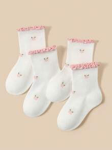 4 Pairs White Socks For Infants/Children/Students, Ruffle Trim Lace Socks, Simple Fashion Versatile All-Season Style, Skin-Friendly Comfortable Soft Breathable Casual Sports Socks, Suitable For Daily Wear/Holiday Gifts/Travel/Back To School/Campus Outfits/Sports Outfits/Classroom/New Semester/School Opening/Student/Back To School Season Outfits - Multicolor - View 2